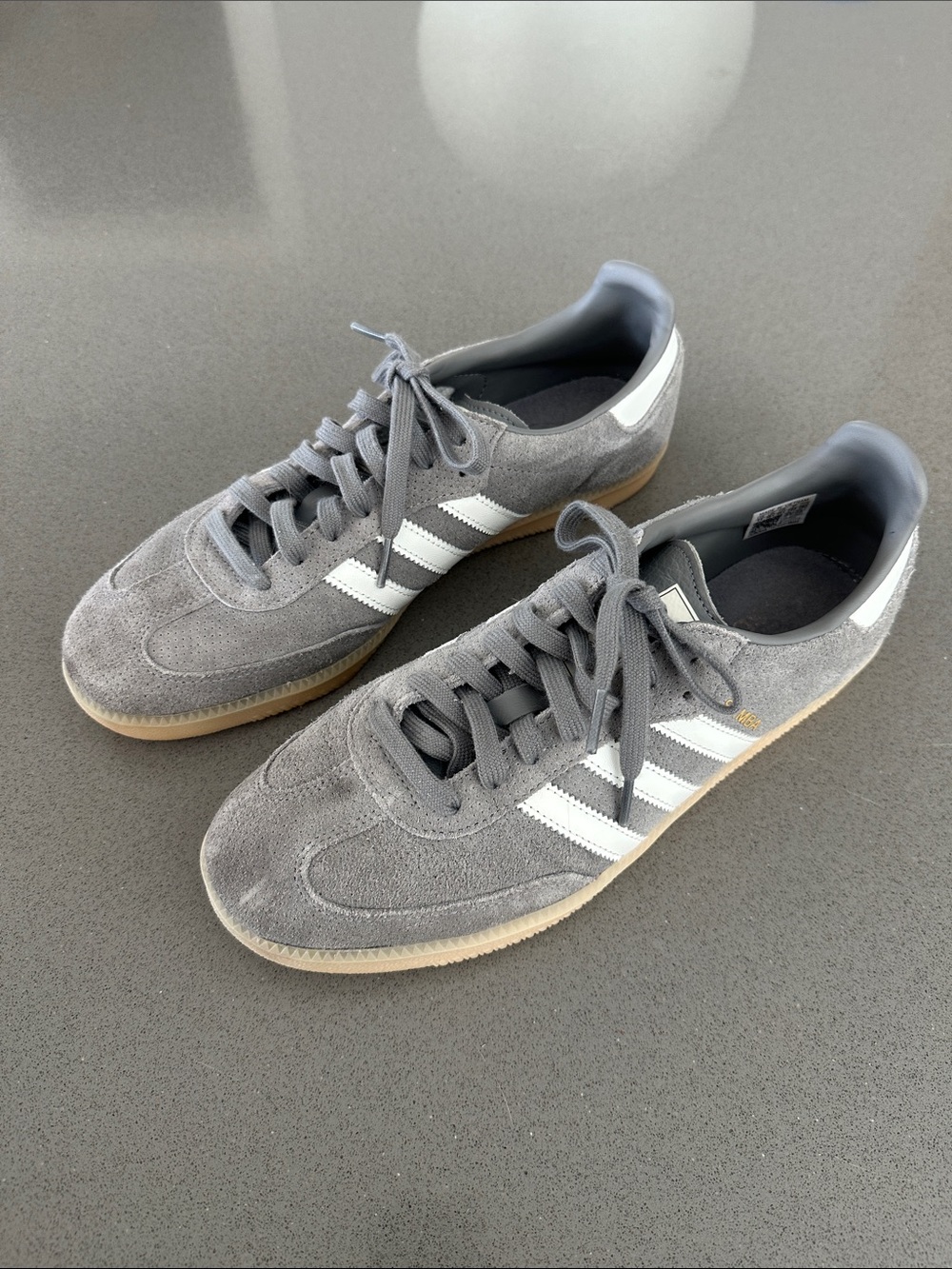 Adidas Samba Gray Suede Athletic Sneakers with White Stripes